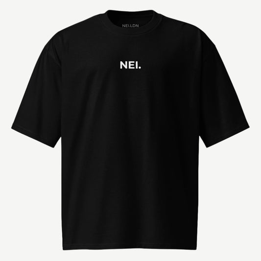 Quiet Flow black oversized drop shoulder t-shirt in premium carded cotton with gold embroidered NEI logo