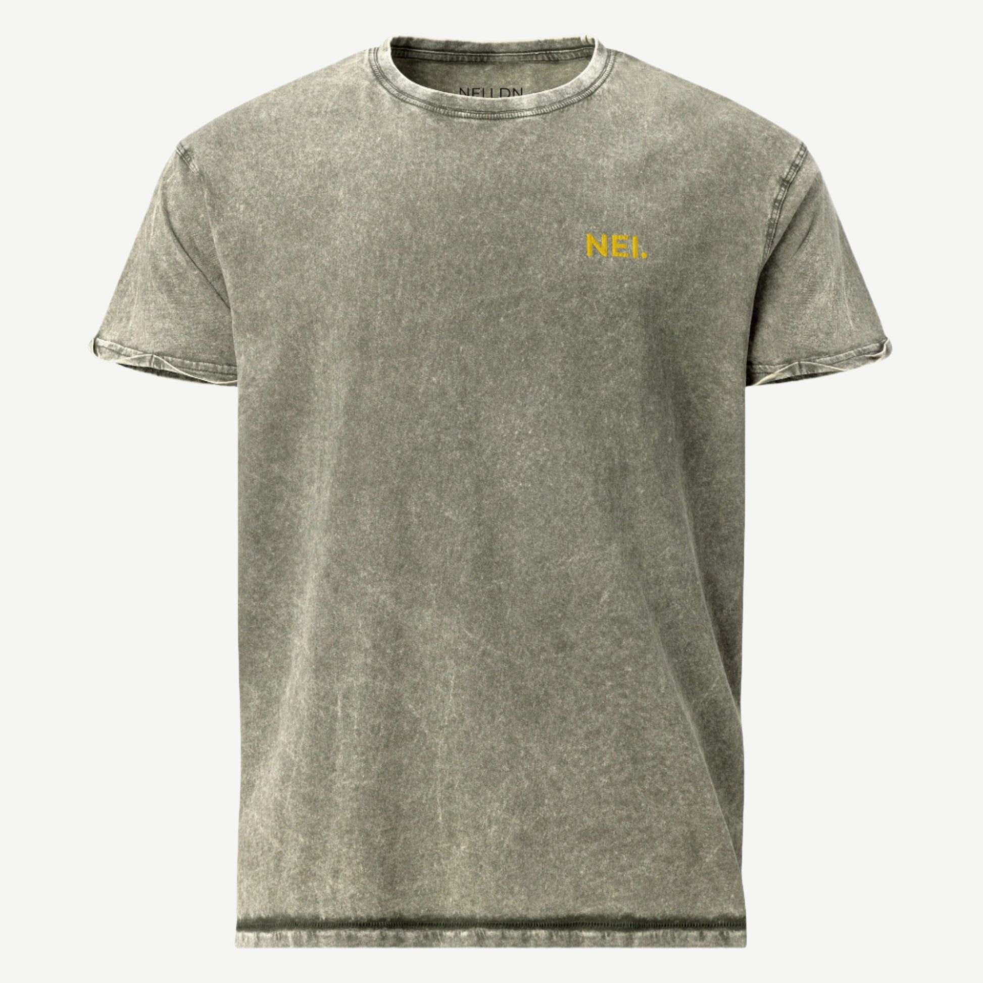 Subtle Stitch Denim T-Shirt dark green 100% combed cotton tee with gold embroidered NEI logo – premium denim t-shirt