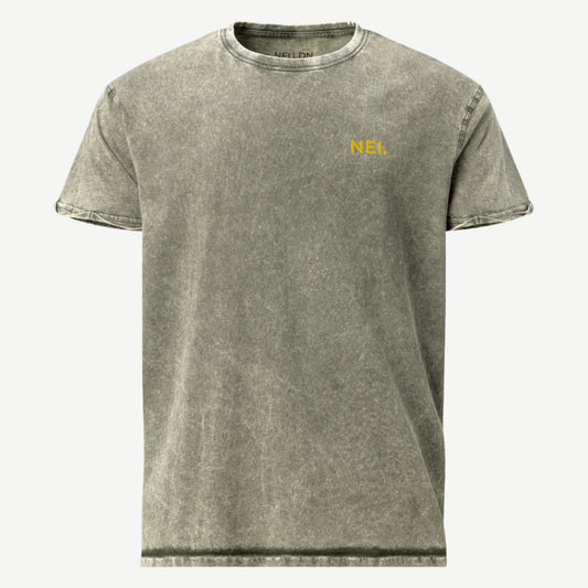 Subtle Stitch Denim T-Shirt dark green 100% combed cotton tee with gold embroidered NEI logo – premium denim t-shirt