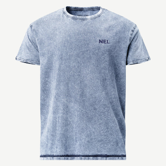 Subtle Stitch Denim T-Shirt denim blue 100% combed cotton tee with navy embroidered NEI logo – midweight denim t-shirt
