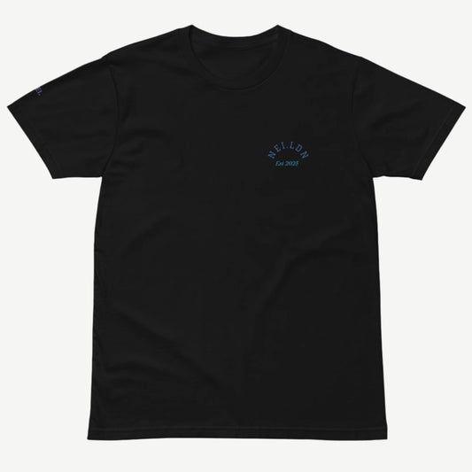 Comfort Premium Black T-Shirt front view with blue logo and Est 2025 by NEI.LDN