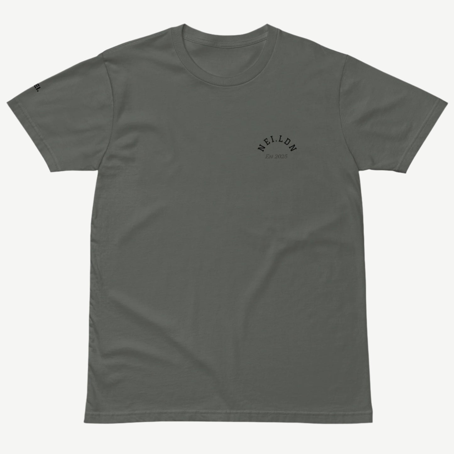 Comfort Premium Charcoal T-Shirt front view with black NEI.LDN logo and Est 2025 print