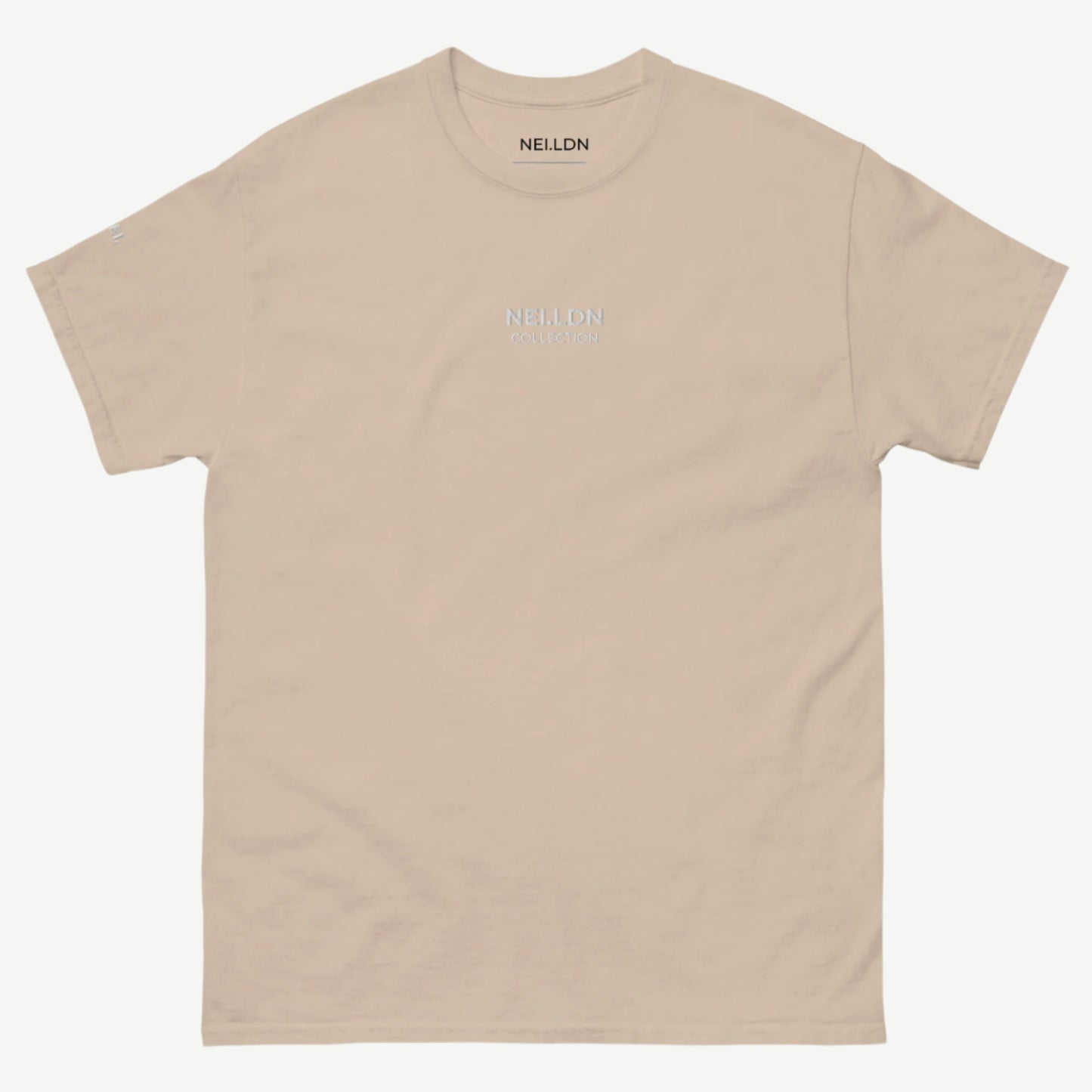 Sand Quiet Confidence Tee front view with white embroidered NEI.LDN logo