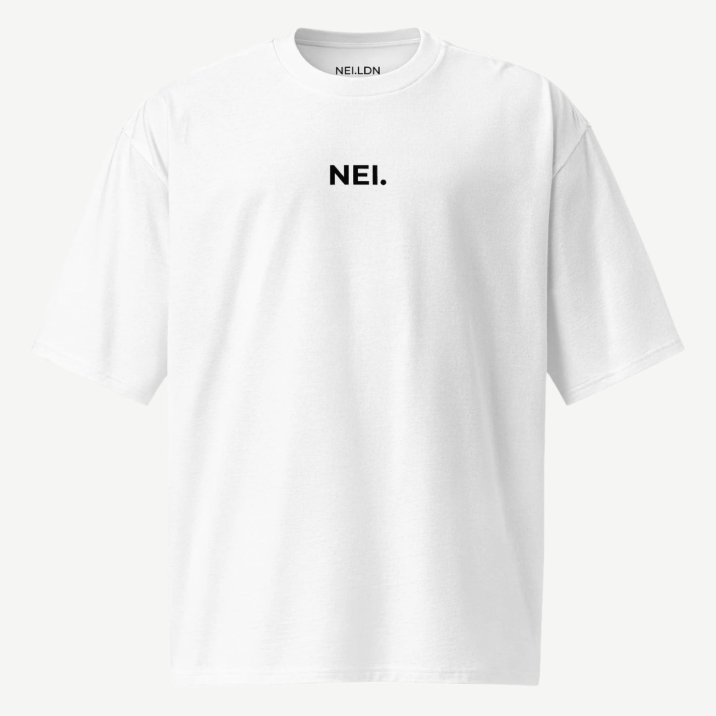 Quiet Flow white oversized drop shoulder t-shirt in premium carded cotton with black embroidered NEI logo