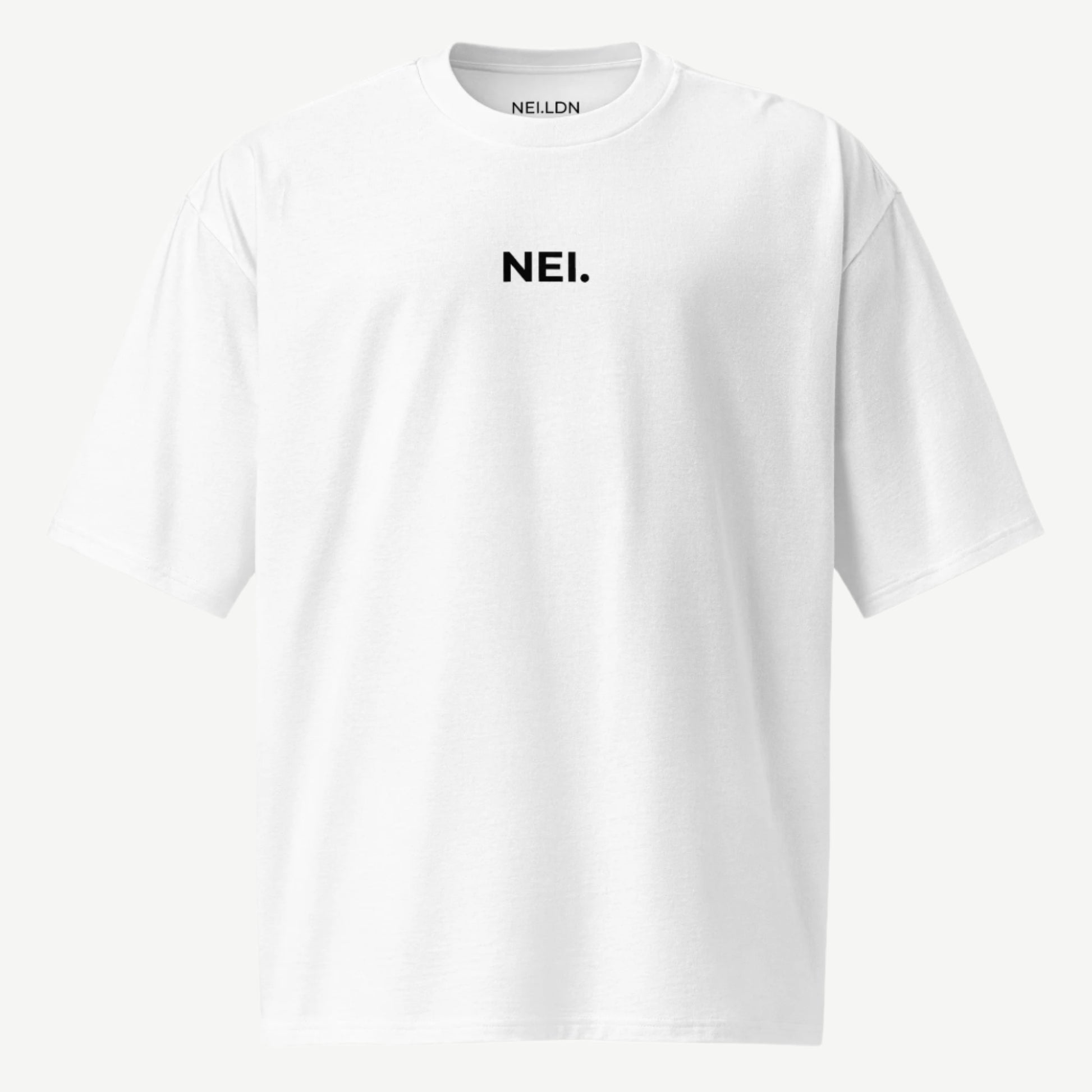 Quiet Flow white oversized drop shoulder t-shirt in premium carded cotton with black embroidered NEI logo