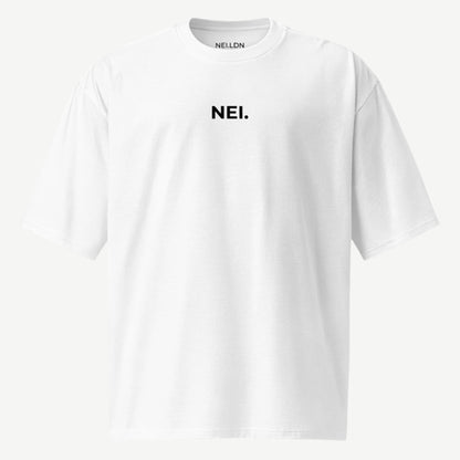 Quiet Flow white oversized drop shoulder t-shirt in premium carded cotton with black embroidered NEI logo