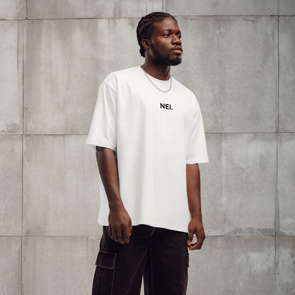 Quiet Flow white oversized drop shoulder t-shirt in premium carded cotton with black embroidered NEI logo