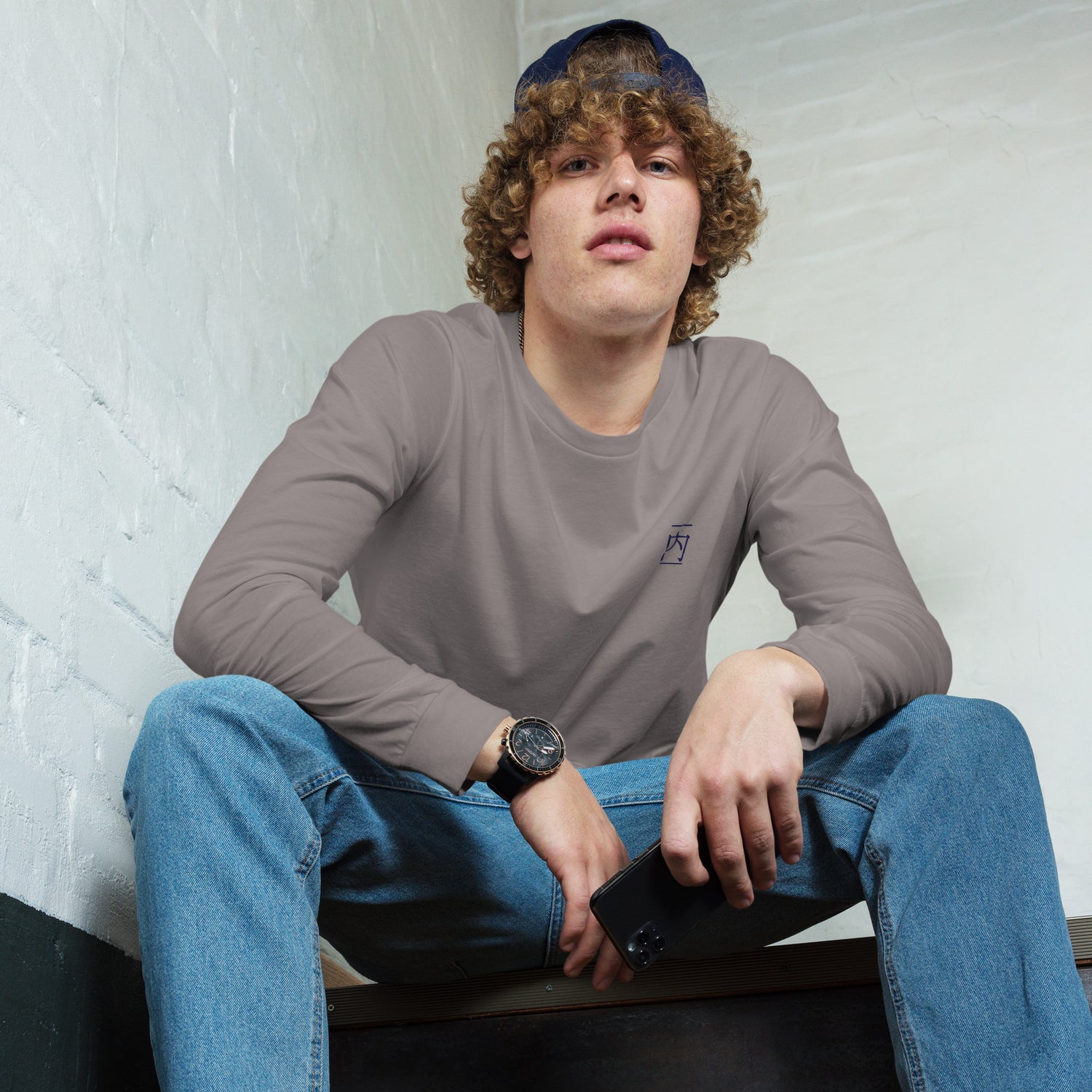 Relaxed Day storm grey long sleeve crew neck t-shirt in Airlume cotton with navy embroidered NEI logo