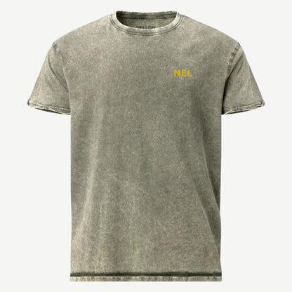 Subtle Stitch Denim T-Shirt dark green 100% combed cotton tee with gold embroidered NEI logo – premium denim t-shirt