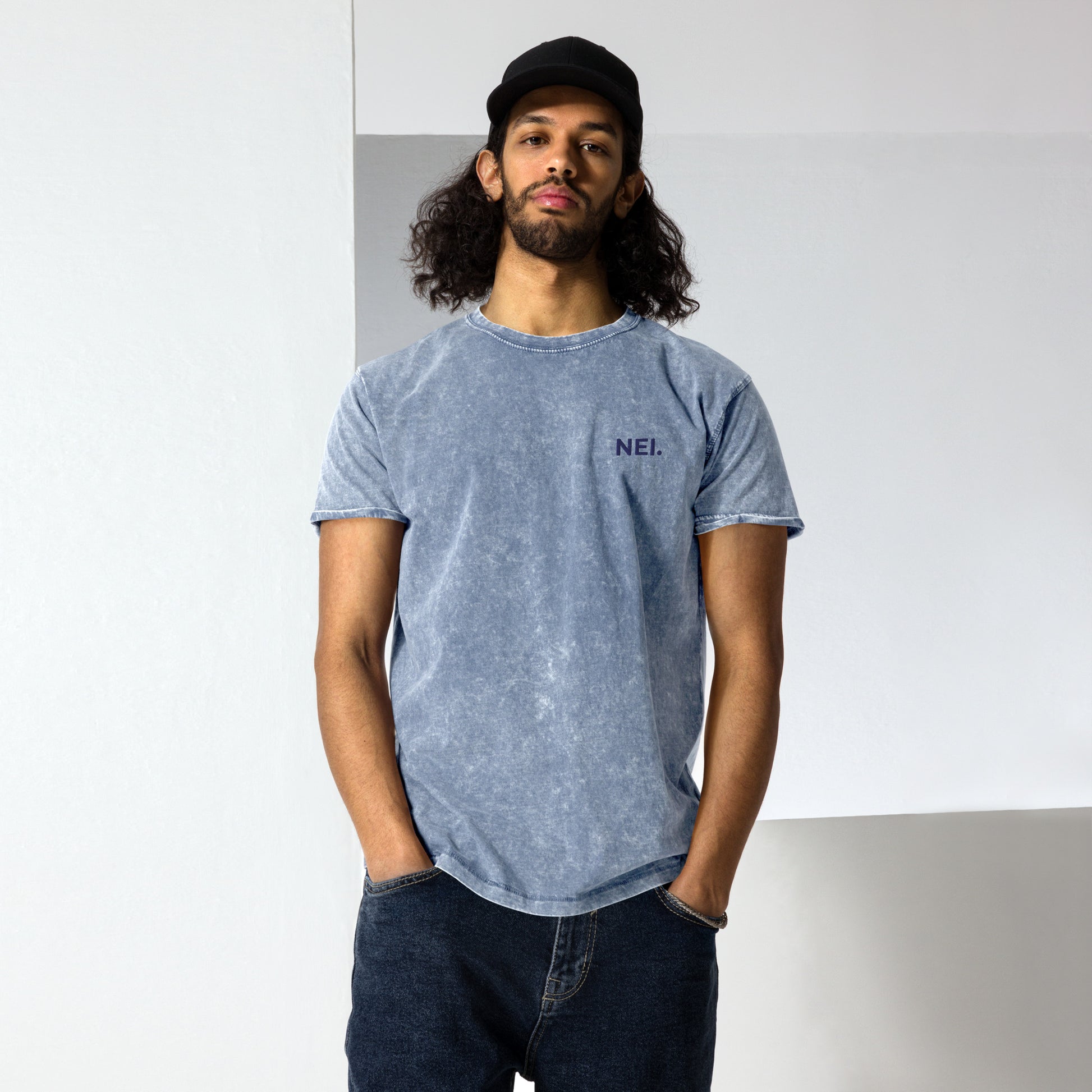 Subtle Stitch Denim T-Shirt denim blue 100% combed cotton tee with navy embroidered NEI logo – midweight denim t-shirt