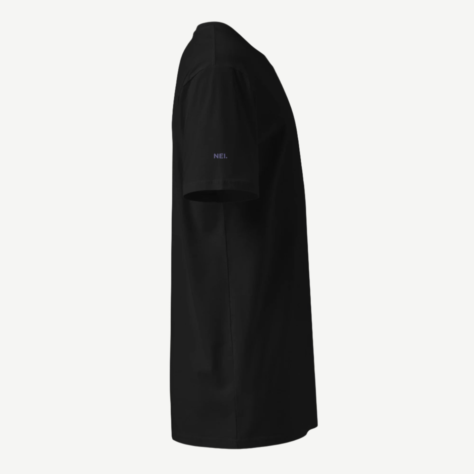 Comfort Premium Black T-Shirt right side view with embroidered NEI. logo on right arm