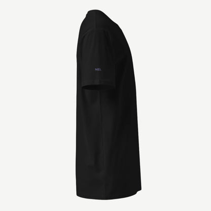 Comfort Premium Black T-Shirt right side view with embroidered NEI. logo on right arm