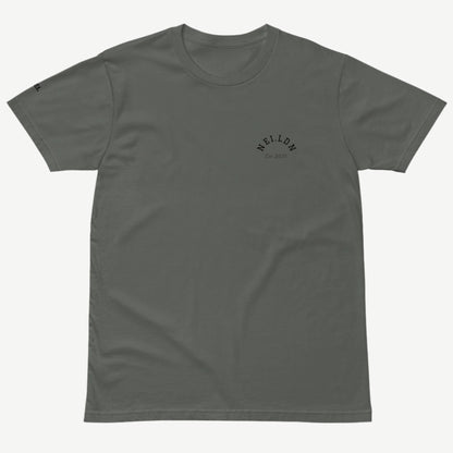 Comfort Premium Charcoal T-Shirt front view with black NEI.LDN logo and Est 2025 print