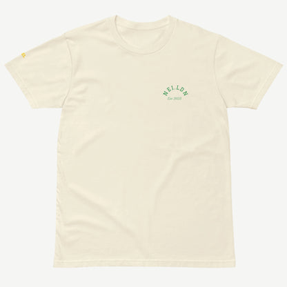 Comfort Premium Natural T-Shirt front view with green NEI.LDN logo and Est 2025 print