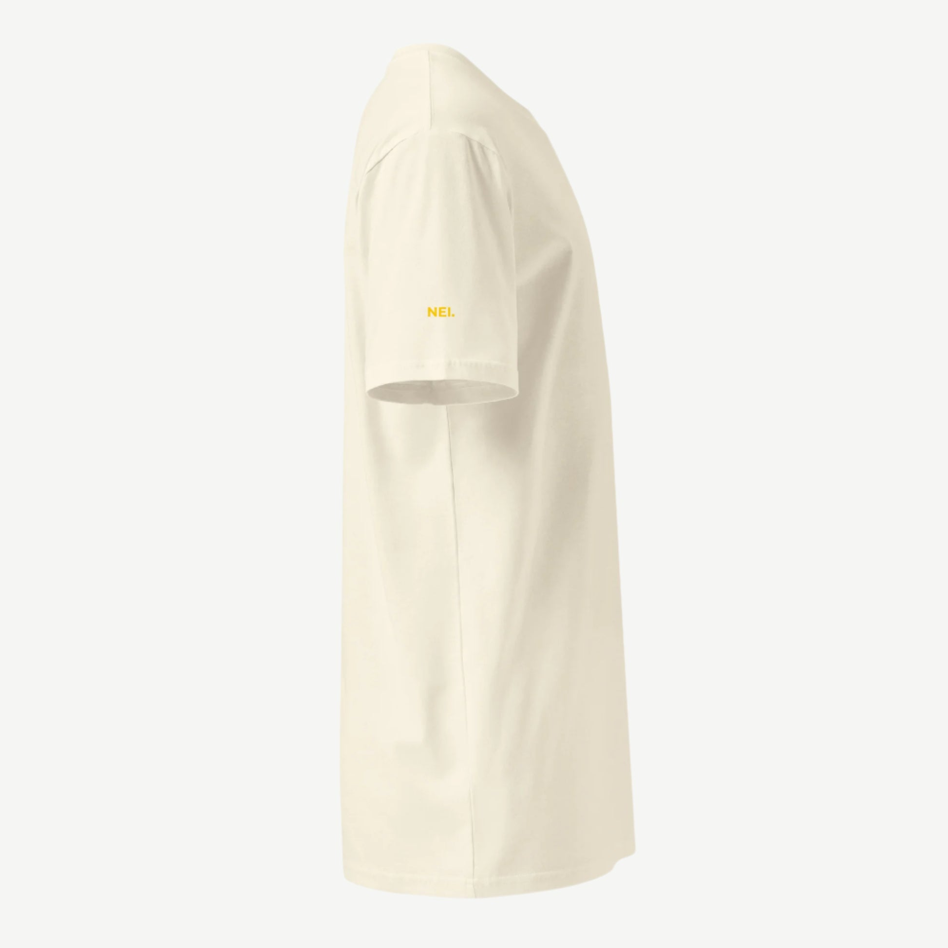 Comfort Premium Natural T-Shirt right side view with embroidered NEI. logo on right arm