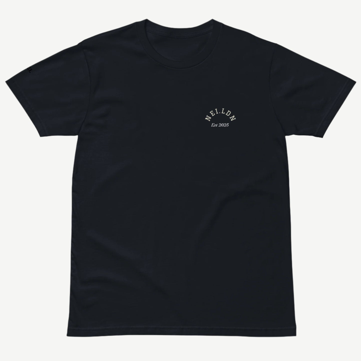Comfort Premium Navy T-Shirt front view with cream NEI.LDN logo and Est 2025 print