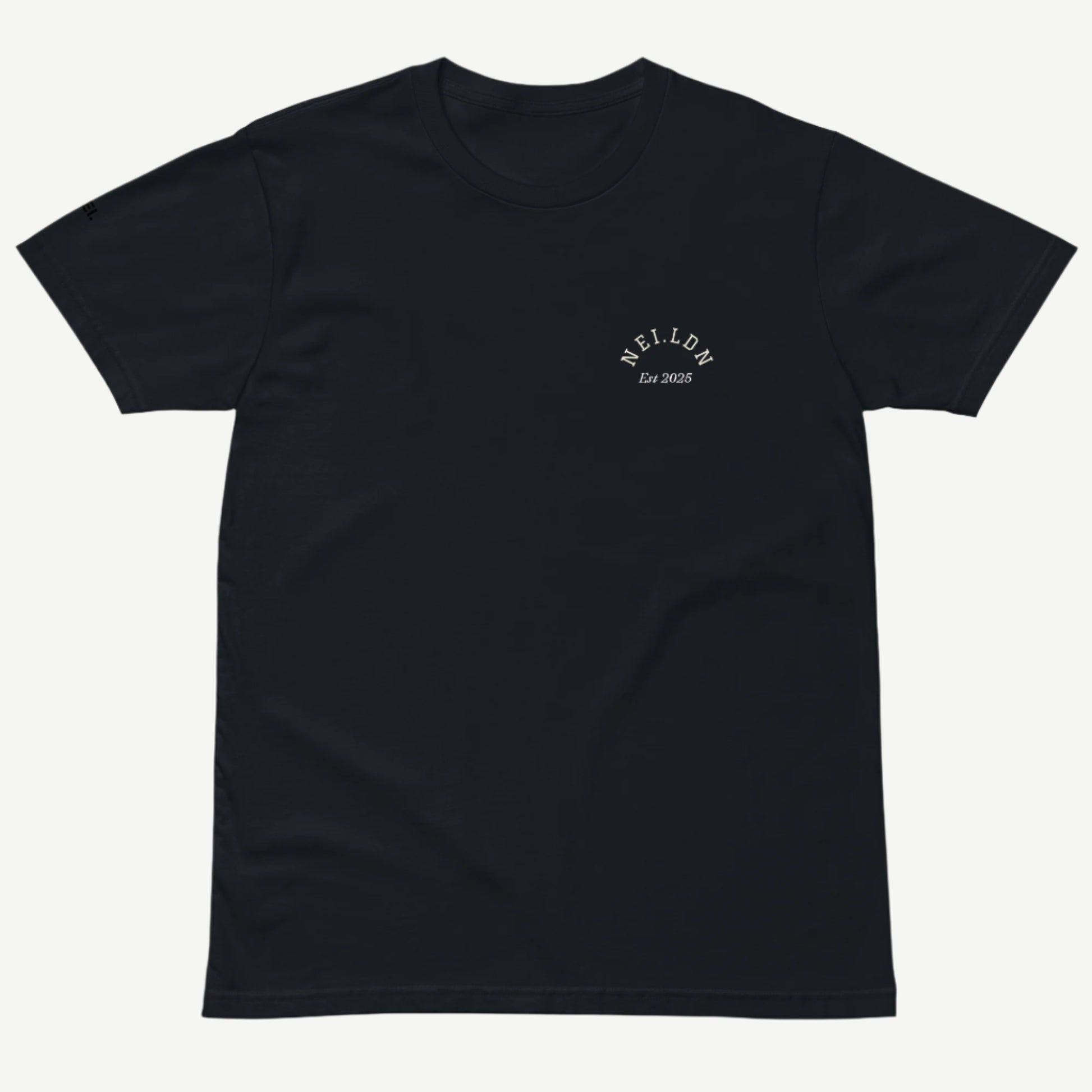 Comfort Premium Navy T-Shirt front view with cream NEI.LDN logo and Est 2025 print