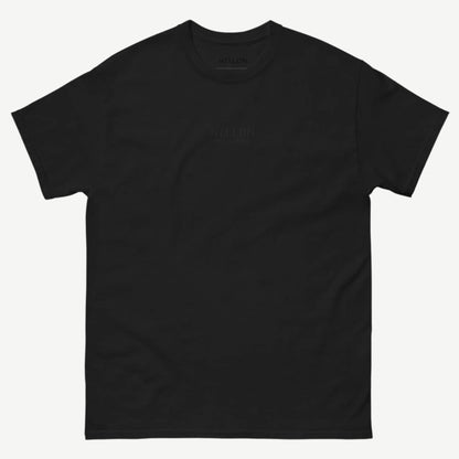 Black Quiet Confidence Tee front view with tonal embroidered NEI.LDN logo