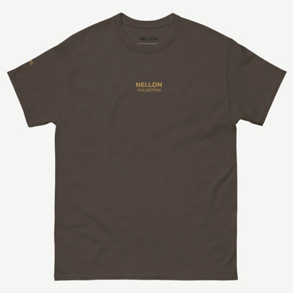 Chocolate Quiet Confidence Tee front view with gold embroidered NEI.LDN logo