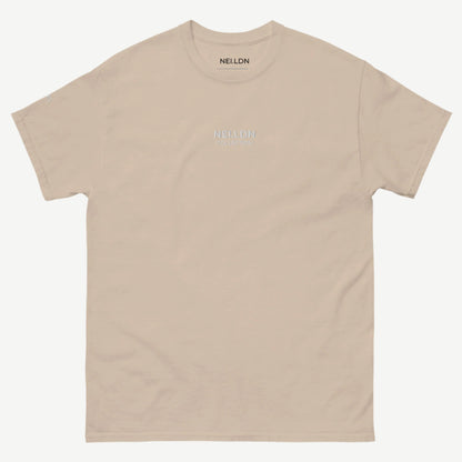 Sand Quiet Confidence Tee front view with white embroidered NEI.LDN logo